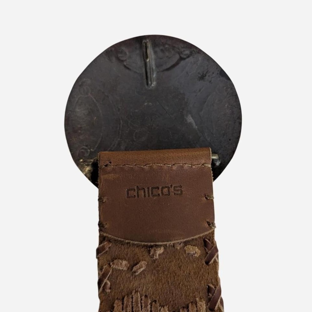 Chico's Brown Embossed Leather Belt Large Brass Concho Buckle OS - Picture 7 of 8